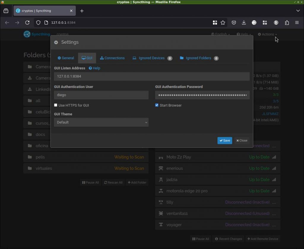 syncthing cambio de password