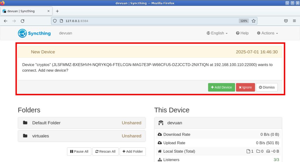 syncthing notificación host agregado